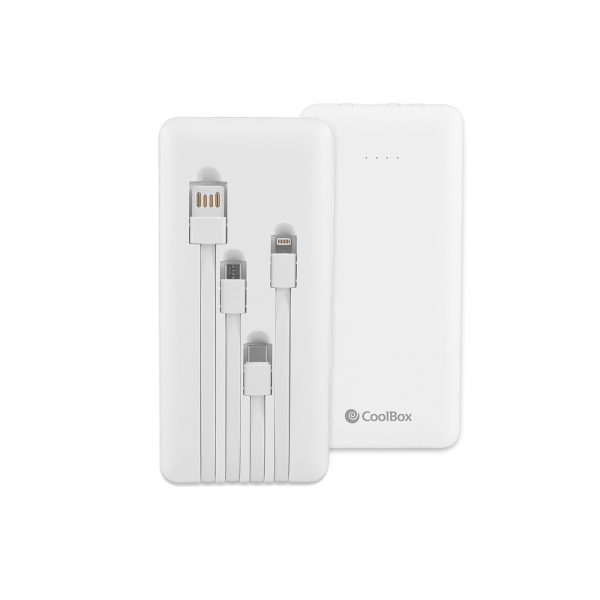 Coolbox Powerbank 10000mAh - USB-A + USB-C -Cables USB-C, MicroUSB, Lightning y USB-A Incluidos - Color Blanco