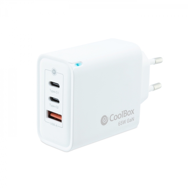 Coolbox Cargador de Pared 65W QC3.0 + PD - USB-A + 2xUSB-C - Carga Rapida - Tecnología GaN - Color Blanco