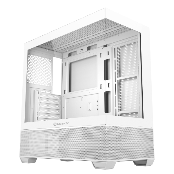 Unykach Revelat White Caja ATX, Micro ATX, ITX - Frontal y Lateral de Vidrio Templado - 3.5", 2.5" - USB-A 3.0, USB-C y Audio HD - Soporta Refrigeracion Liquida