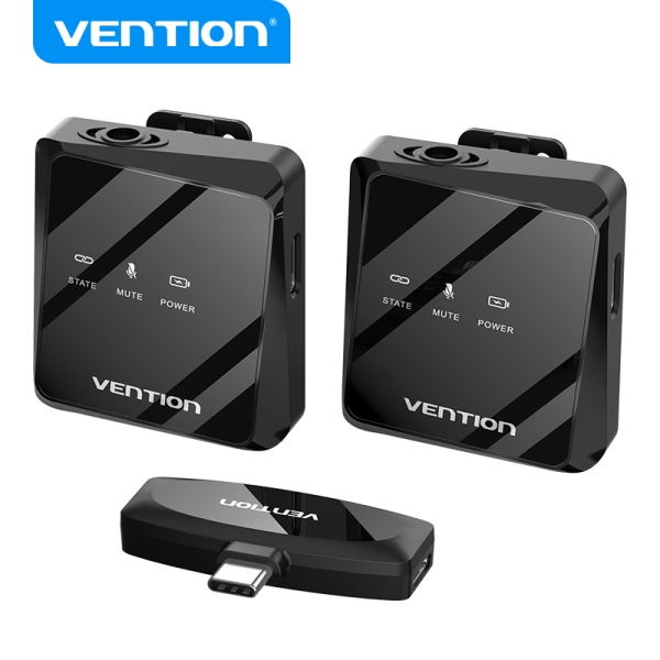 Vention Microfono Clip Inalambrico USB-C - Calidad de Audio 32 kHz - Latencia 20 ms - Bateria 26h - Rango 50m - Cancelacion de Ruido - Color Negro