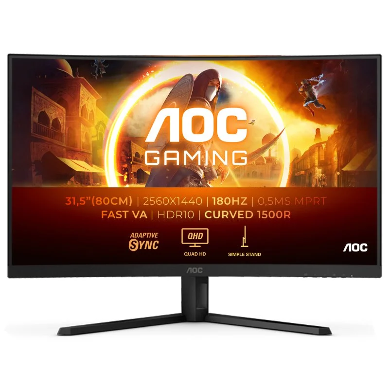 AOC G4 Monitor 31.5" Curvo 1500R LED Fast VA QHD 180Hz HDR10 - Respuesta 1ms - Angulo de Vision 178° - HDMI, DisplayPort, Audio - Montaje VESA 100x100