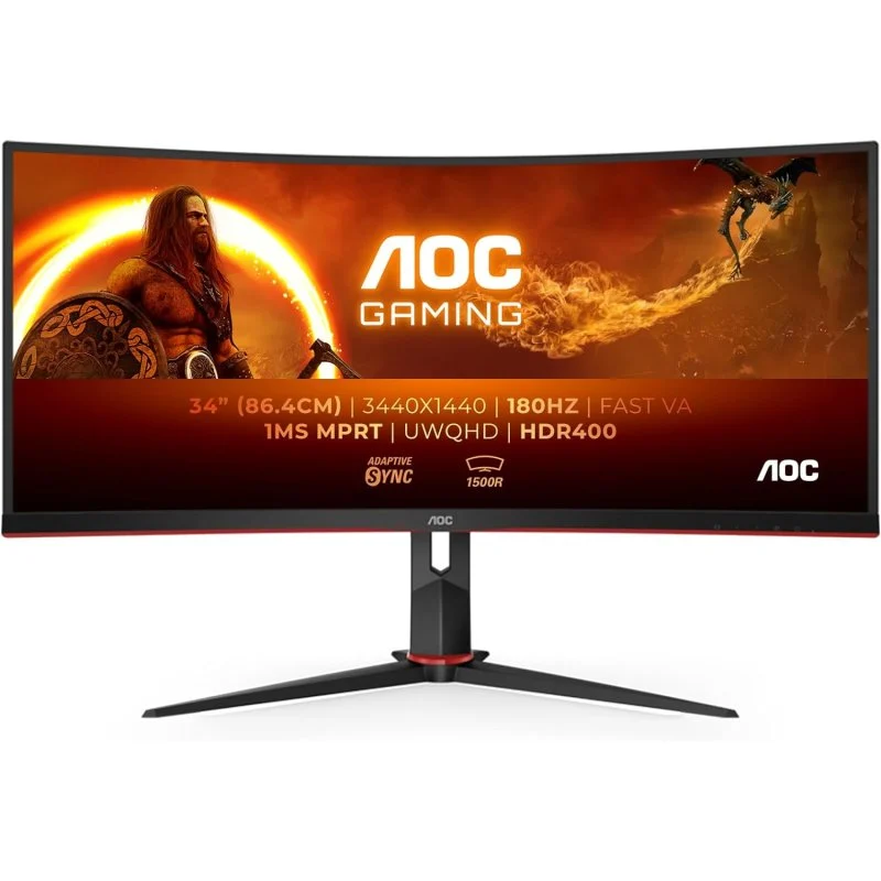 AOC G4 Monitor 34" Curvo 1500R LED VA UltraWide QHD 180Hz - Respuesta 1ms - Angulo de Vision 178° - USB, HDMI, DisplayPort, Audio - Montaje VESA 100x100