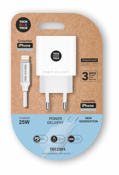 TechOneTech Cargador de Pared PD 25W + Cable USB-C a Lightning