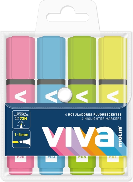 Molin Viva Pack de 4 Marcadores Fluorescentes - Trazo entre 1 y 5mm - Tinta con Base de Agua - Colores Surtidos