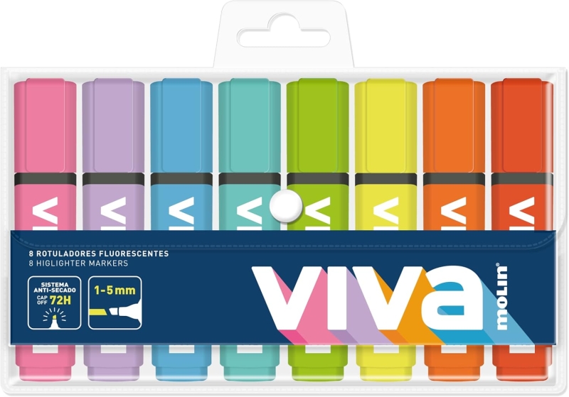 Molin Viva Pack de 8 Marcadores Fluorescentes - Trazo entre 1 y 5mm - Tinta con Base de Agua - Colores Surtidos