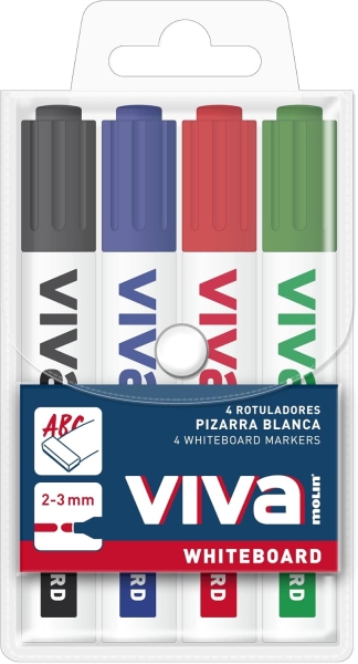 Molin Viva Pack de 4 Rotuladores para Pizarra Blanca - Punta Redonda de Fibra Sintetica - Trazo 3mm - Tinta con Base de Alcohol - Colores Surtidos