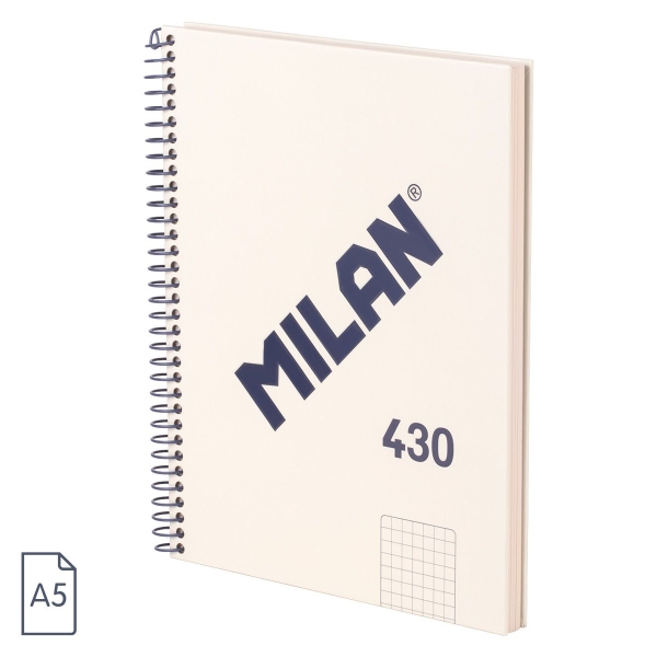 Milan Serie 1918 Cuaderno Espiral Formato A5 Cuadricula 5x5mm - 80 Hojas de 95 gr/m2 - Microperforado, 2 Taladros - Color Beige
