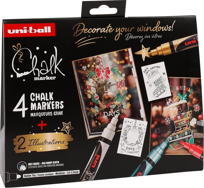 Uni-ball Chalk Colores Navidad Pack de 4 Marcadores de Tiza Liquida + Posters - Punta Conica 1.8-2.5mm - Borrado en Humedo - Resistente a la Lluvia - Colores Surtidos