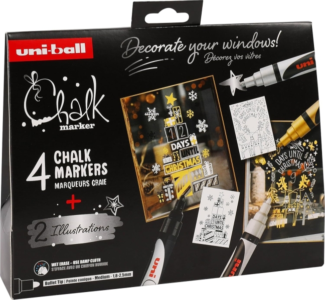 Uni-ball Chalk Colores Escandinavos Pack de 4 Marcadores de Tiza Liquida + Posters - Punta Conica 1.8-2.5mm - Borrado en Humedo - Resistente a la Lluvia - Colores Surtidos