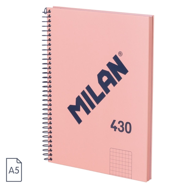 Milan Serie 1918 Cuaderno Espiral Formato A5 Cuadricula 5x5mm - 80 Hojas de 95 gr/m2 - Microperforado, 2 Taladros - Color Rosa