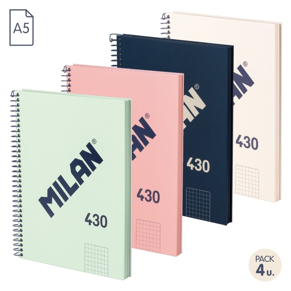 Milan Serie 1918 Pack de 4 Cuadernos Espiral Formato A5 Cuadricula 5x5mm - 80 Hojas de 95 gr/m2 - Microperforado, 2 Taladros - Colores Surtidos