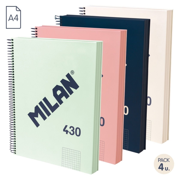 Milan Serie 1918 Pack de 4 Cuadernos Espiral Formato A4 Cuadricula 5x5mm - 120 Hojas de 95 gr/m2 - Microperforado, 4 Taladros - Colores Surtidos