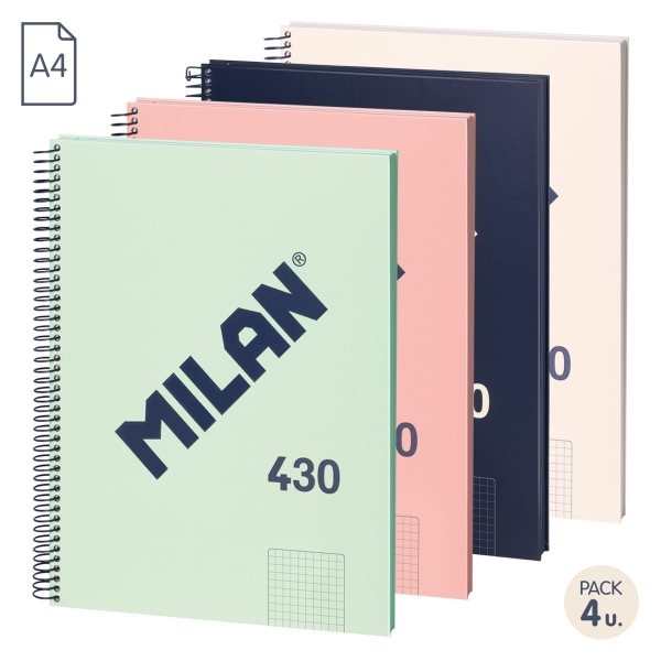 Milan Serie 1918 Pack de 4 Cuadernos Espiral Formato A4 Cuadricula 5x5mm - 80 Hojas de 95 gr/m2 - Microperforado, 4 Taladros - Colores Surtidos