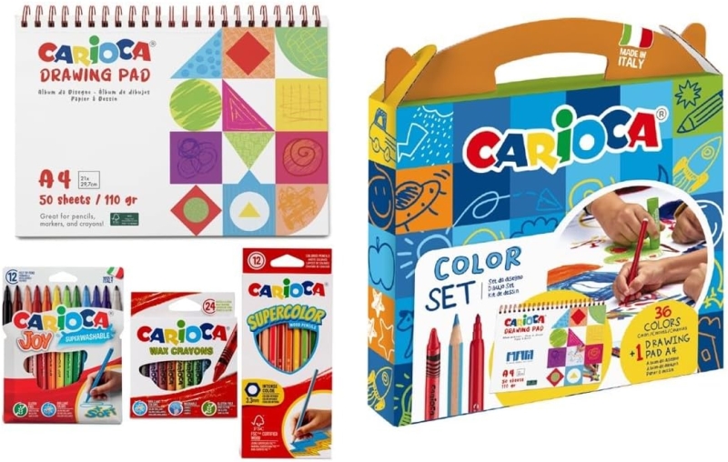 Carioca Color Set Pack con 12 Ceras, 12 Rotuladores y 12 Lapices de Colores + Bloc de Dibujo A4 - Colores Surtidos