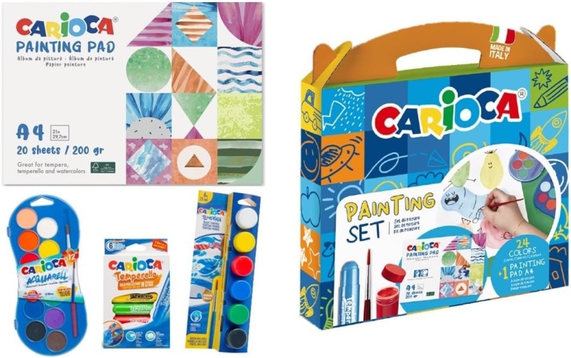 Carioca Painting Set Pack con 12 Acuarelas, 6 Temperas y 6 Temperas Solidas + Bloc con 20 Hojas A4 - Colores Surtidos