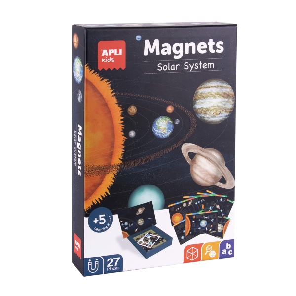 Apli Juego Magnetico El Sistema Solar - Introduccion al Sistema Solar, Fases Lunares, Estaciones y Constelaciones - Incluye 27 Imanes de Letras y 7 Fichas con Ejemplos