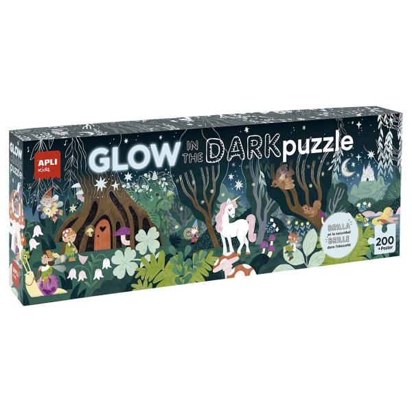 Apli Glow in the Dark Puzzle Fluorescente de 200 Piezas 6x5cm - Tematica Bosque Magico - Efecto Fluorescente que Revela Diseños Ocultos - Poster para Facilitar Montaje