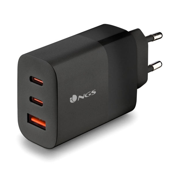 NGS Bud 65W Cargador Universal de Pared 65W Ultrarapido - 2x USB-C PD & PPS, 1x USB-A QC 3.0 - Color Negro