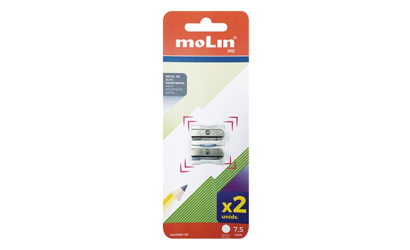 Molin Pack de 2 Afilalapices Metalicos de 1 Orificio para Lapices de hasta 10mm - Color Aluminio