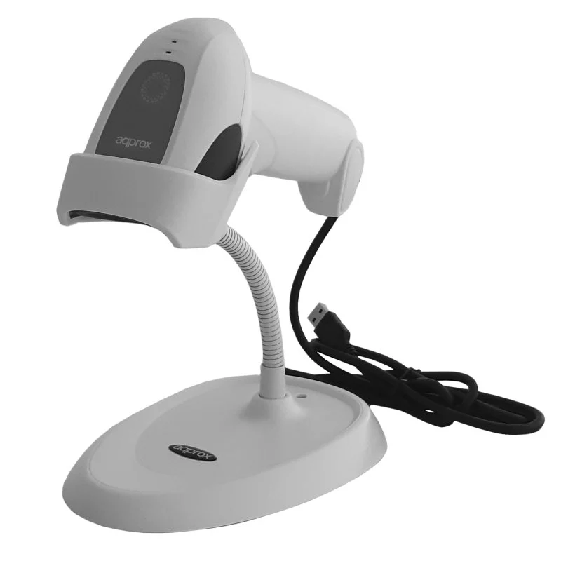 Approx Lector de Codigos de Barras 1D USB con Soporte - Indicador LED, Beeper - Velocidad 300 veces por Segundo - Color Blanco