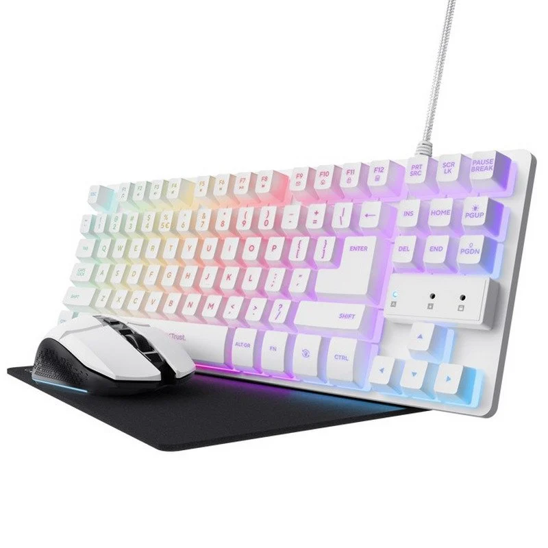 Trust GXT 794W Pack Gaming Teclado Thado TKL Iluminacion RGB Blanco + Raton Felox Inalambrico 4800dpi Iluminacion RGB Blanco + Alfombrilla Negra