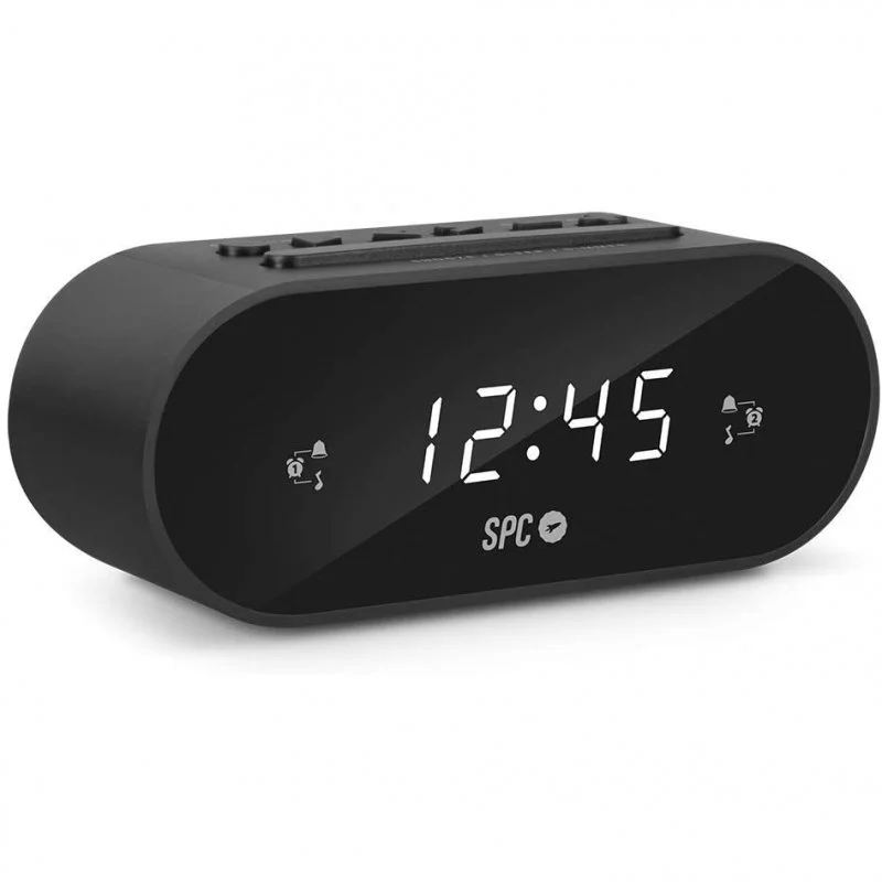 SPC Frodi Radio Despertador - Pantalla LED con Brillo Regulable - Boton Snooze - Almacena 10 Emisoras - Color Negro