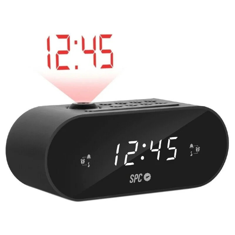 SPC Frodi Max Radio Despertador con Proyeccion - Pantalla LED con Brillo Regulable - Boton Snooze - Almacena Emisoras de Radio - Color Negro