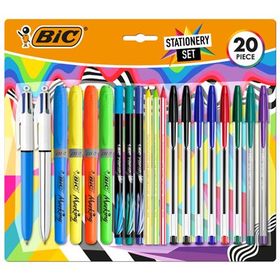 Bic Escritura Multicolor Pack de 20 Piezas Variadas - 6 Bic Cristal Original, 2 Bic Cristal Fun, 2 Bic 4 Colores, 3 Bic Intensity Fine, 4 Bic Highlighter Grip y 3 Bic Evolution Stripes HB