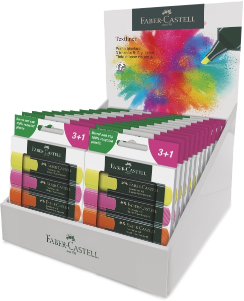 Faber-Castell Textliner 48 Expositor con 22 Packs de 4 Marcadores Fluorescentes - Punta Biselada - Trazo entre 1.2mm y 5mm - Tinta con Base de Agua - Colores Surtidos