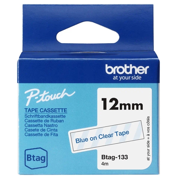Brother Btag-133 Cinta 12mm - Texto Azul sobre Fondo Transparente - Medidas 12mmx4 Metros - Apta para PTN10, PTN20, PTN25BT
