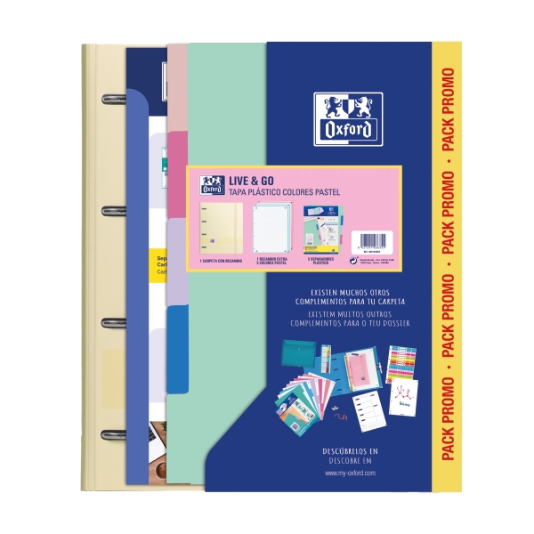 Oxford Europeanbinder Live & Go Carpeta Tamaño A4+ con Recambio + Separadores - Tapa de Plastico Polyfoam - Colores Pastel Aleat