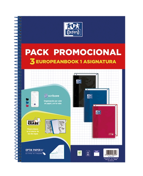Oxford Europeanbook 1 Classic Pack de 3 Cuadernos Espiral Formato A4+ Cuadriculado 5x5mm - 80 Hojas 90gr - Tapa Extradura Tacto