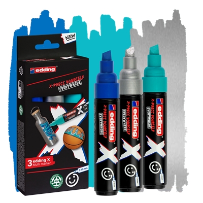Edding X 6900 Oceano Pack de 3 Rotuladores Multisuperficie Permanentes de Tinta Opaca - Punta Biselada con Trazo 2-10mm - Color Azul, Plata y Turquesa