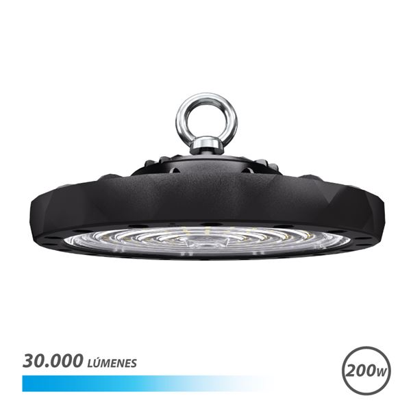 Elbat Lampara LED UFO de Techo - Potencia: 200W - Lumenes: 30000 - Luz Fria: 6500K - Ac 100-240V - Diametro: 32,8cm - Angulo ajustable - Color Negro