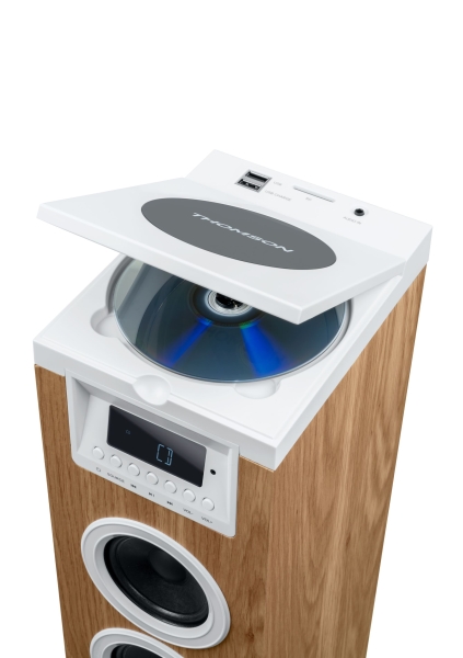 Thomson DS121CD Torre de Sonido Bluetooth 30W, Radio FM, USB, Reloj Digital, Diseño Madera/Blanco