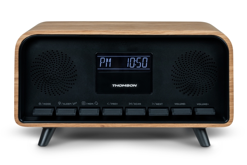 Thomson RT850BT Altavoz Retro Bluetooh - Radio Reloj Despertador - Potencia musical 30W - Color Madera/Negro