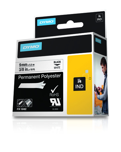 Dymo Rhino ID1-9 Cinta de Etiquetas Original para Rotuladora - Texto Negro sobre Fondo Blanco - Ancho 9mm x 5.5 metros - 18482