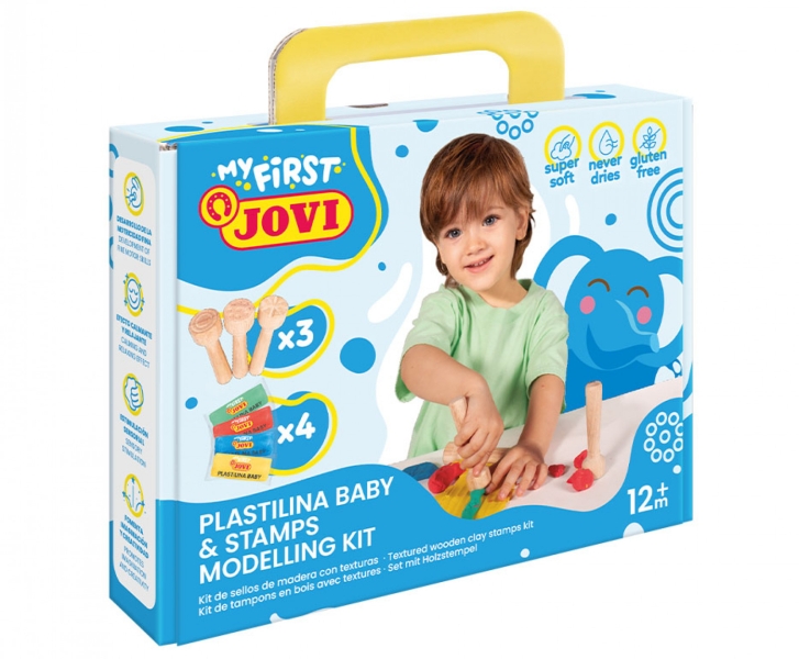 Jovi My First Plastilina Kit de Modelaje con 4 Pastillas de Plastilina 38gr + 3 Estampadores de Madera - Super Blanda - Estimula Creatividad y Sensibilidad Tactil - Fortalece Musculos de Manos y Dedos - Colores Surtidos