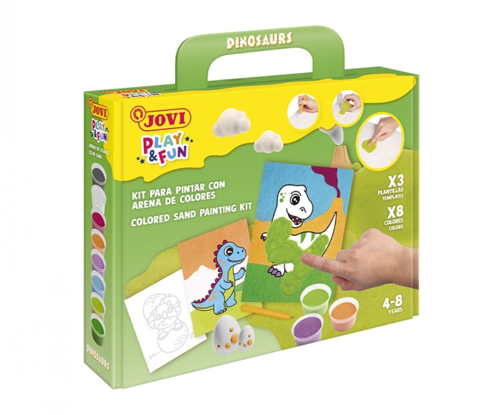 Jovi Play & Fun Kit Pinta con Arena Dinosaurs con 8 Botes de Arena + 1 Punzon + 3 Laminas con Diseños de Dinosaurios - Colores S