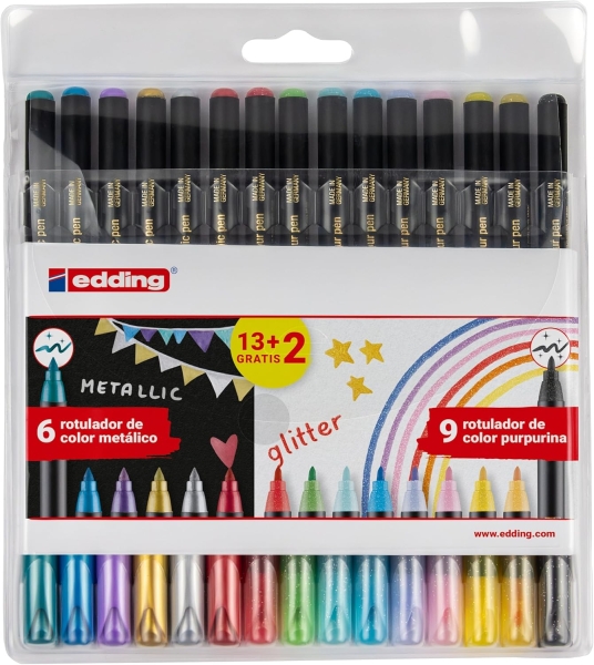 Edding 1200 Metallic and Glitter Pack de 15 Rotuladores - Punta Redonda - Trazo Metallic 1-3mm, Glitter 3mm - Tinta con Base de Agua - Colores Metalicos y Glitter