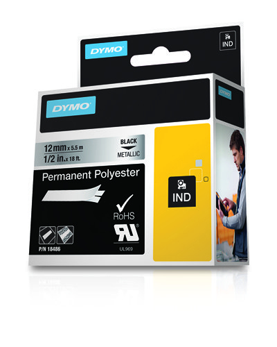 Dymo Rhino ID1-12 Cinta de Etiquetas Original para Rotuladora - Texto Negro sobre Fondo Plata - Ancho 12mm x 5.5 metros - 18486