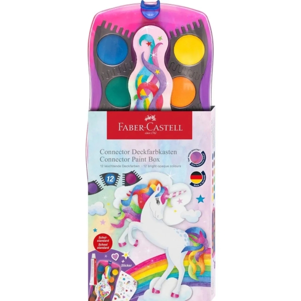 Faber-Castell Connector Unicornio Pack de 12 Acuarelas en Pastilla + Pintura Blanca Opaca + Pegatinas - Gran Opacidad - Facilmen