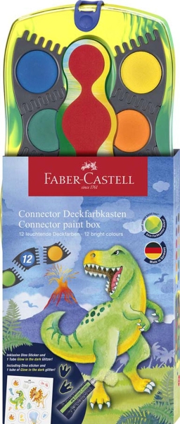 Faber-Castell Connector Dinosaurio Pack de 12 Acuarelas en Pastilla + Pintura Blanca Opaca + Pegatinas - Gran Opacidad - Facilme