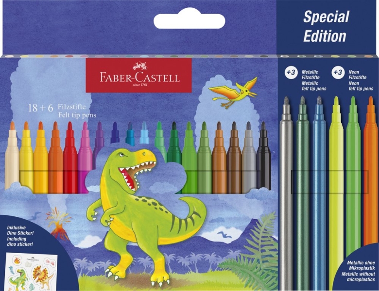 Faber-Castell Edicion Dinosaurios Pack de 24 Rotuladores de Colores - 18 Colores Clasicos + 3 Colores Metalizados + 3 Colores Neon - Incluye Pegatinas de Dinosaurios - Tinta a Base de Agua - Colores Surtidos
