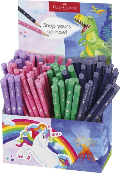 Faber-Castell Expositor de 120 Lapices de Grafito HB - Diseños con Motivos de Dinosaurios y Unicornios - Colores Surtidos