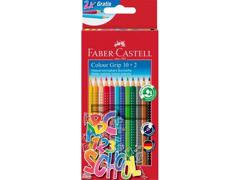Faber-Castell Colour Grip Pack 10+2 Lapices de Colores Triangulares con Grip de Agarre - Con Espacio para el Nombre - Colores Surtidos