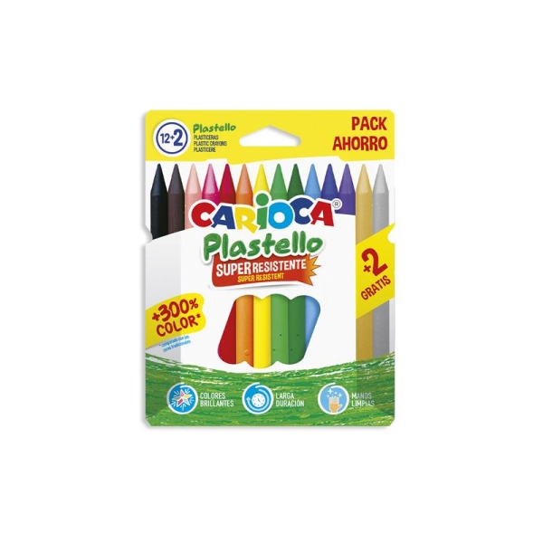 Carioca Plastello Pack de 12+2 Plasticeras  - Extra Limpias - No Dejan Color en las Manos - Faciles de Afilar - Colores Surtidos Brillantes y Lavables