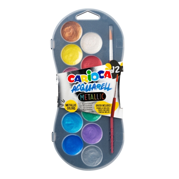 Carioca Acuarell Metallic Pack de 12 Acuarelas en Pastillas de Ø 30mm - Brillantes - Facilmente Mezclables - Colores Metallic Su