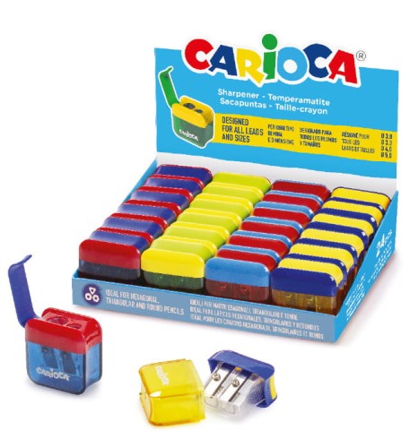 Carioca Expositor con 24 Minisacapuntas de 2 Orificios con Deposito - Tapon de Seguridad en la Cuchilla - Colores Aleatorios Sur