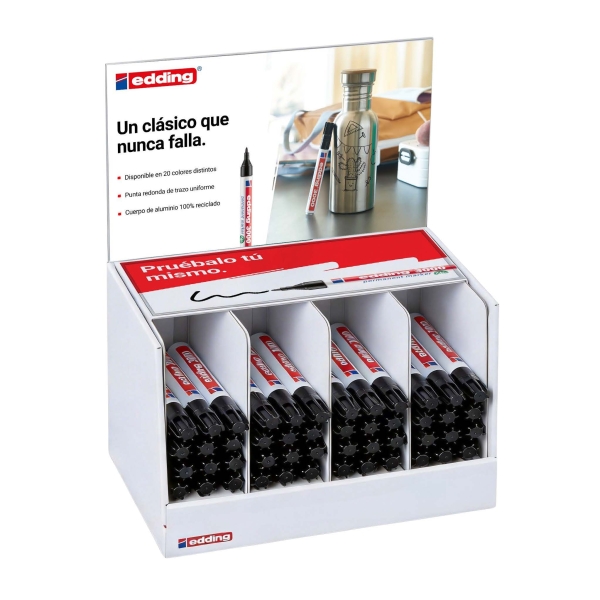 Edding 3000 Expositor con 48 Rotuladores Permanentes - Punta Redonda de 1.5mm - Trazo entre 1.5 y 3mm - Recargable - Secado Rapido - Color Negro